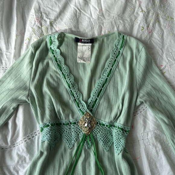 ⚠️❌SOLD❌⚠️Morgan De Toi Y2K Mint Green Lace Trim Ribbed Knit Top T1 (Fits S–L) - Picture 3 of 12